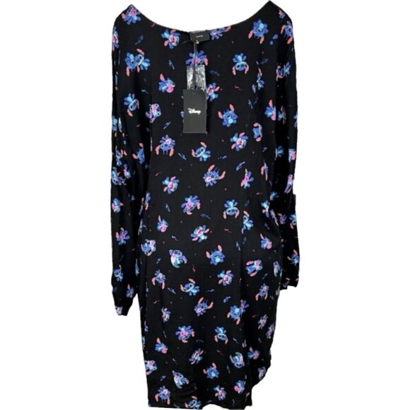 Disney +5 Black Button Down Lilo & Stitch Graphic Step-Hemline Long Sleeve Shirt - Picture 4 of 6